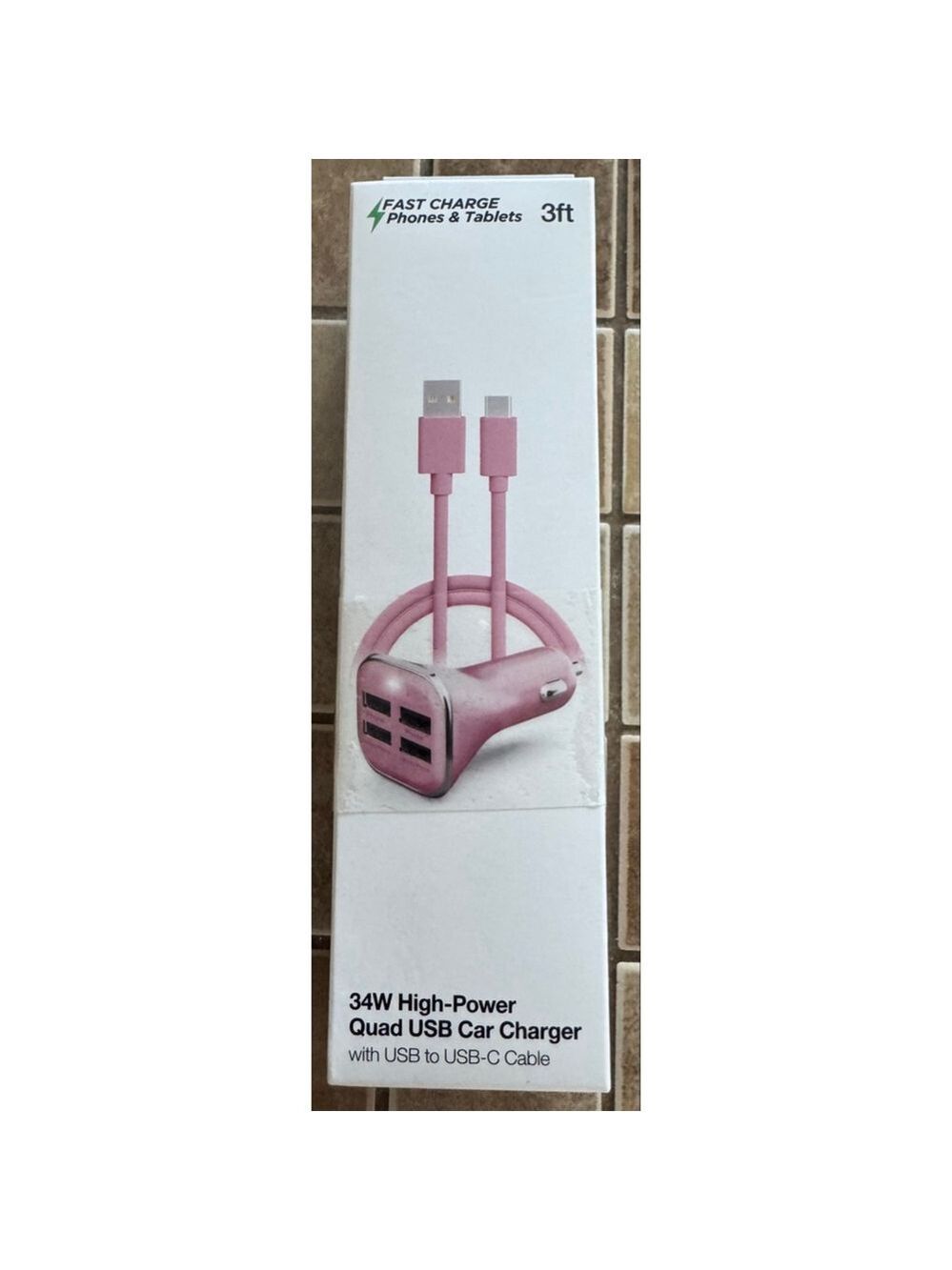 Hypergear Pink Quad USB Car Charger with USB-C Cable, 3ft